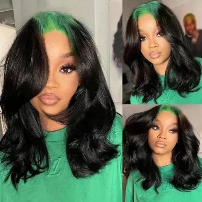 Donmily Neon Green Roots Black Hair Loose Wave 13x4 Lace Front Wig