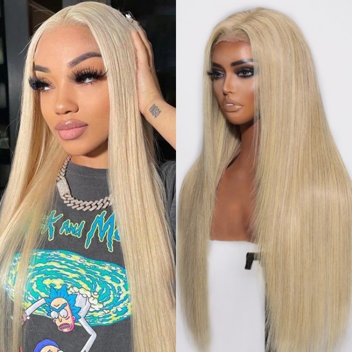 Milk Blonde Color Straight Hair 13X4 Bleach Knots PrePlucked Wigs