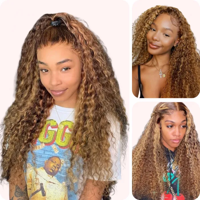Donmily Caramel Honey Blonde Curly Hair With Money Piece Balayage Highlight 13x4 Lace Frontal Human Hair Wig