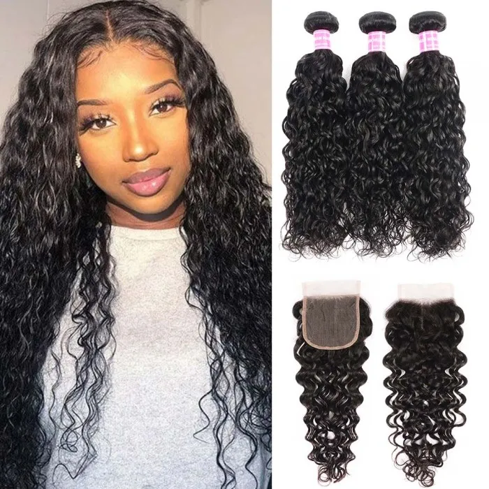 Donmily Indian Water Wave 3 Bundles With 4x4 Lace Closure
