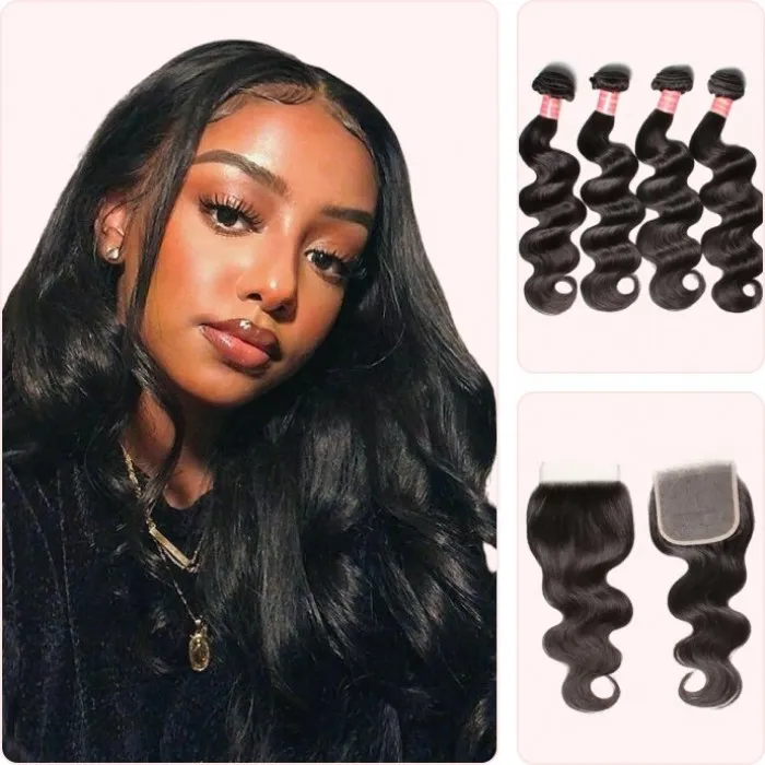 Donmily Indian Body Wave 4 Bundles With 4x4 Free Part Lace Closure