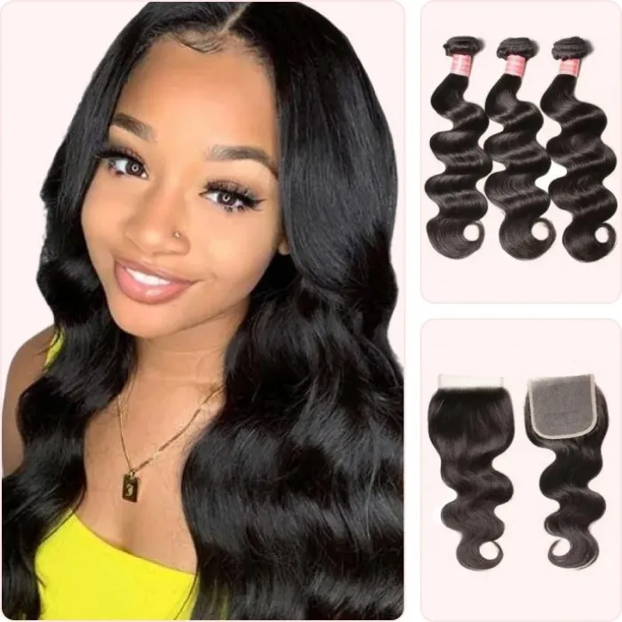 Donmily Malaysian Body Wave 3 Bundles With 4x4 Lace Closure
