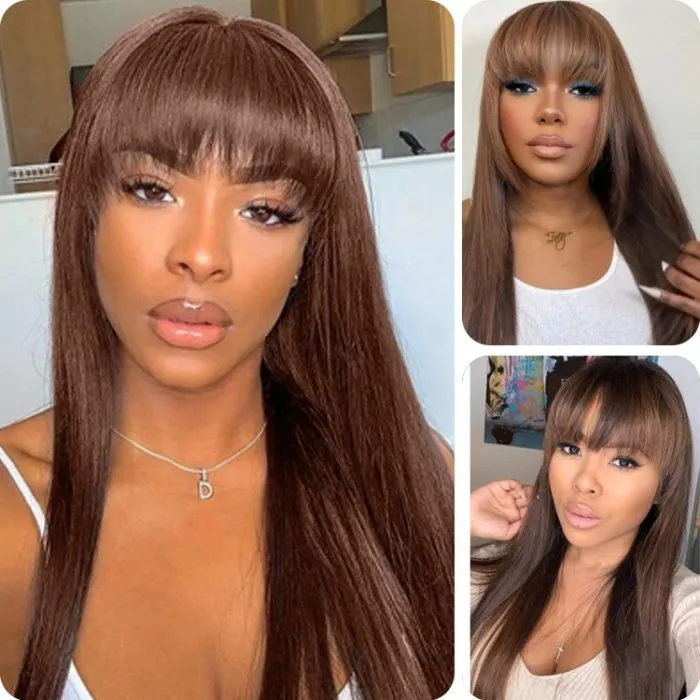 Donmily Dark Mocha Brown Color Hair Long Layered Haircut With Bangs Affordable Glueless Wig
