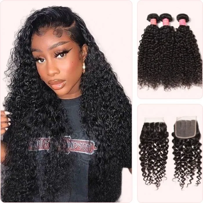 Donmily Indian Jerry Curly 3 Bundles Human Hair With 4x4 Lace Closure