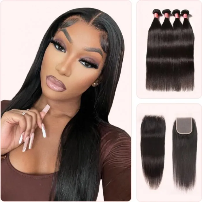 Donmily Peruvian Straight Virgin Hair 4 Bundles With 4x4 Free Part Lace Closure