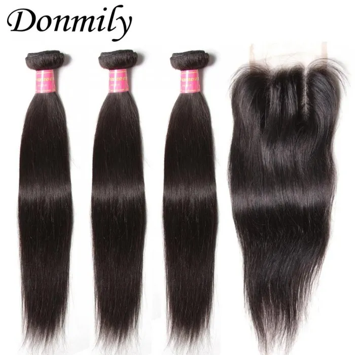 Donmily Brazilian Straight 3 Bundles With Closure (Three Part)