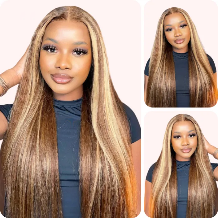 Donmily Voluminous Honey Blonde Highlight Super Natural Kinky Straight 13x4 Lace Front Wig
