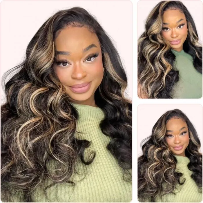 Donmily Rich Chocolate Brown Hair With Peekaboo Blonde Highlights 13x4 Lace Front Body Wave Wig
