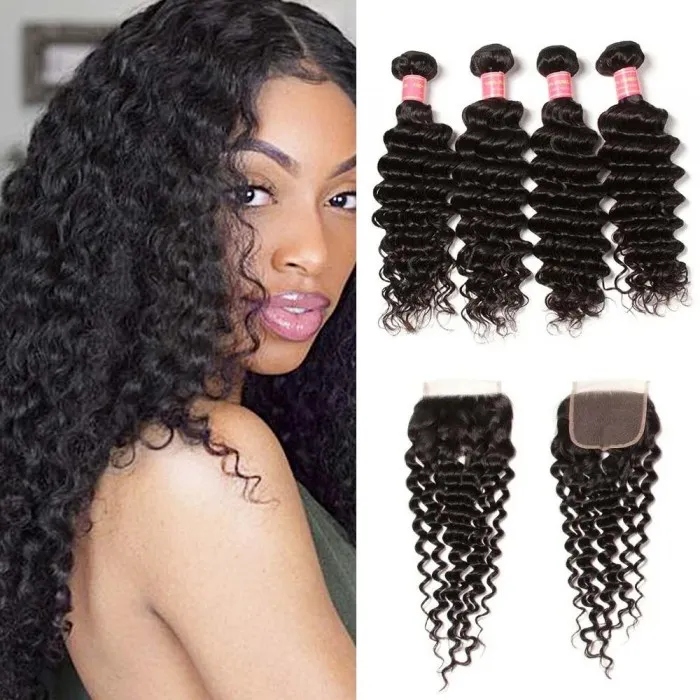 Donmily Deep Wave Hair 4 Bundles With 4x4 Lace Closure