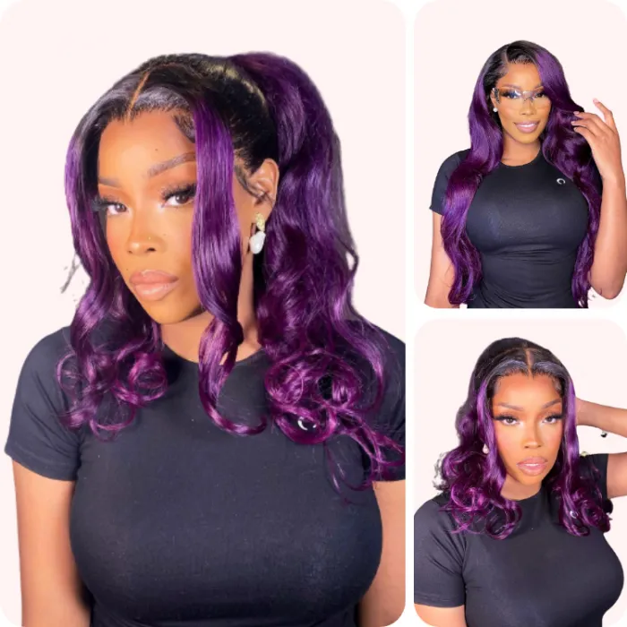 Donmily Black And Purple Hair With Dark Roots Body Wave 13x4 Lace Purple Ombre Wig