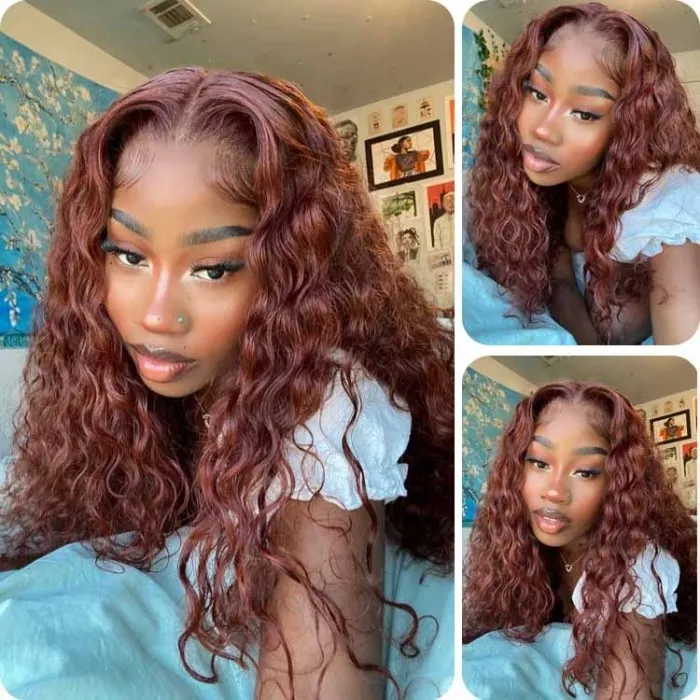 Donmily Auburn Curly Hair Water Wave 13x4 Lace Frontal Copper Brown Hair Color 150% Density Human Hair Wig