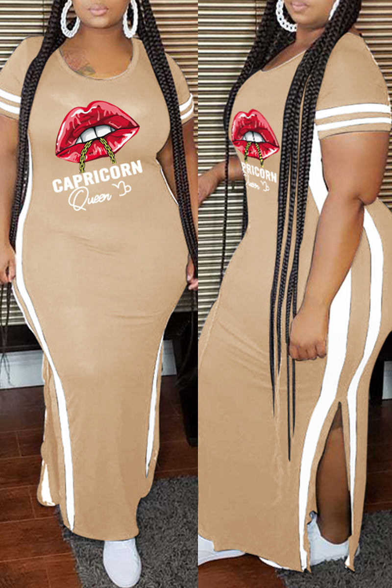 Apricot Fashion Casual Plus Size Lips Printed Split Joint Slit O Neck Short Sleeve Dress-CuChic