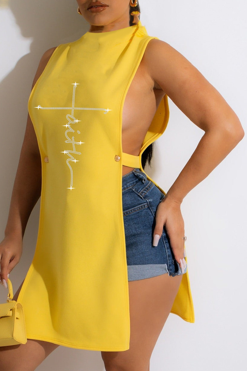 Yellow Sexy Patchwork Hot Drill O Neck Tops-CuChic