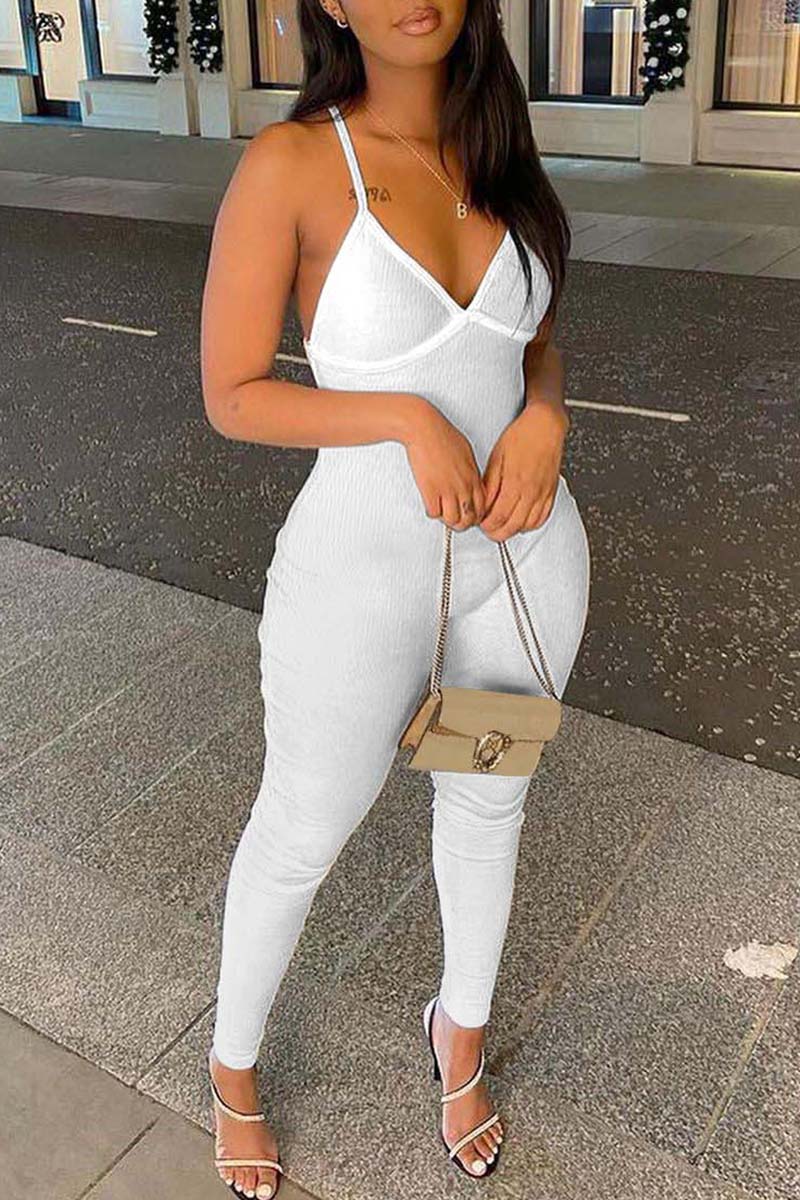 White Sexy Casual Solid Backless Spaghetti Strap Skinny Jumpsuits-CuChic