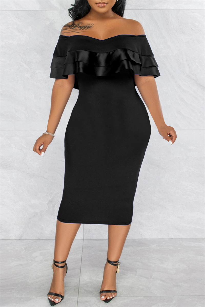 Black Fashion Casual Solid Patchwork Backless Off the Shoulder Short Sleeve Dress-CuChic