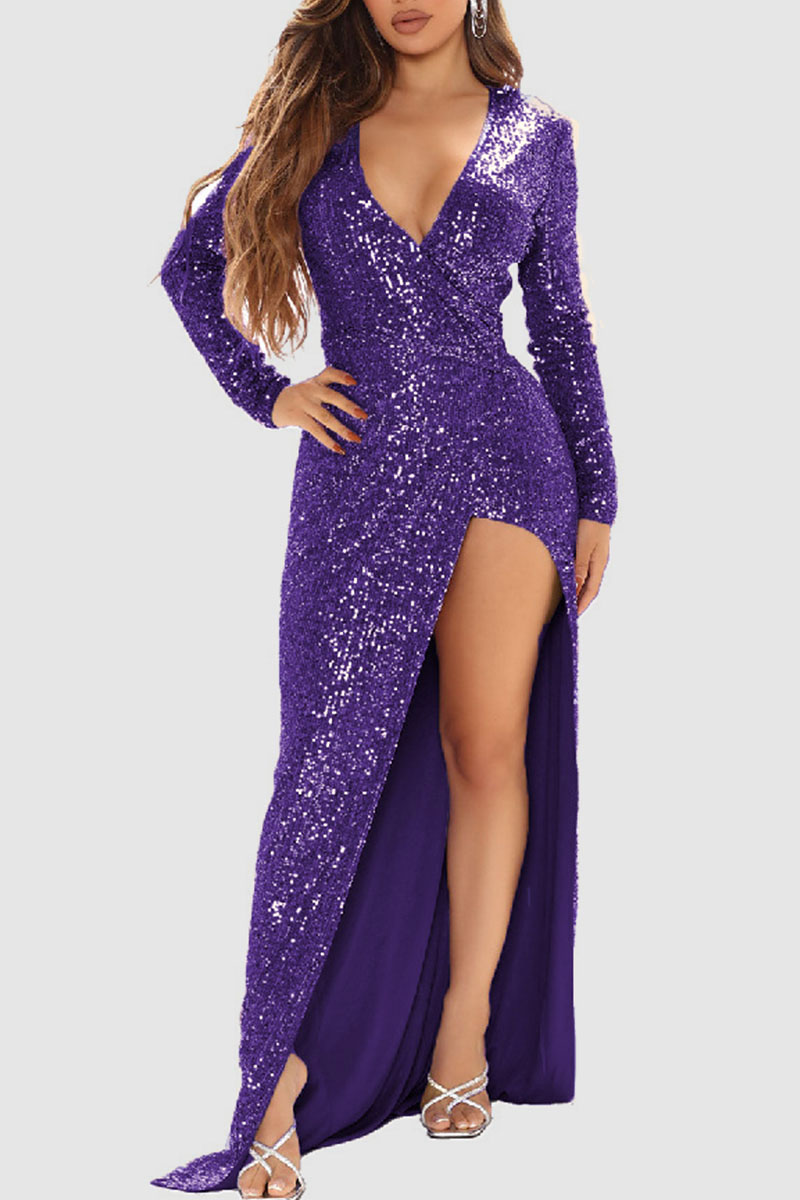 Purple Sexy Solid Sequins Patchwork Slit V Neck Evening Dress Dresses-CuChic