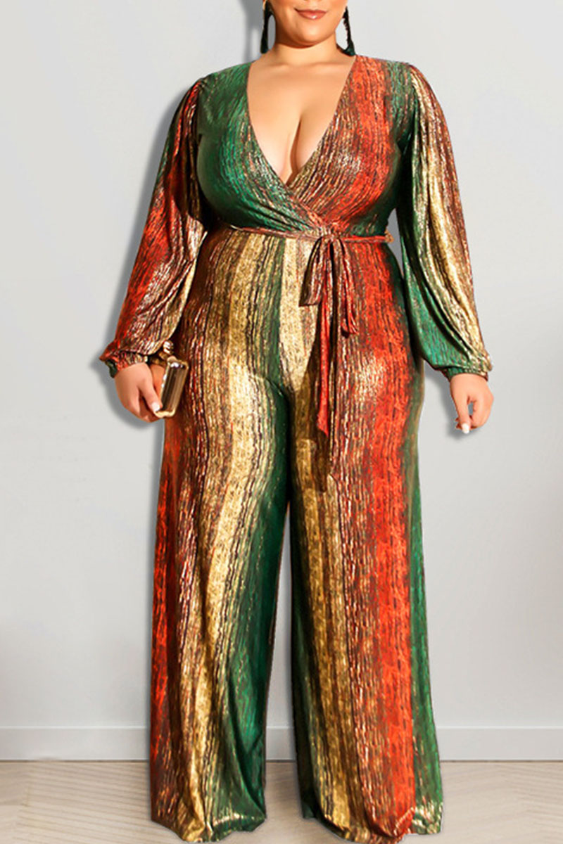 Red Green Casual Striped Print Bandage Split Joint V Neck Plus Size Jumpsuits-CuChic