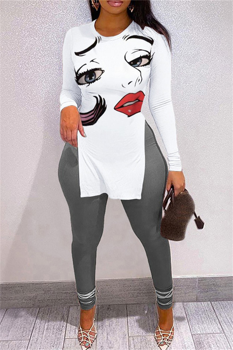White Fashion Casual Print Slit O Neck Long Sleeve Two Pieces-CuChic