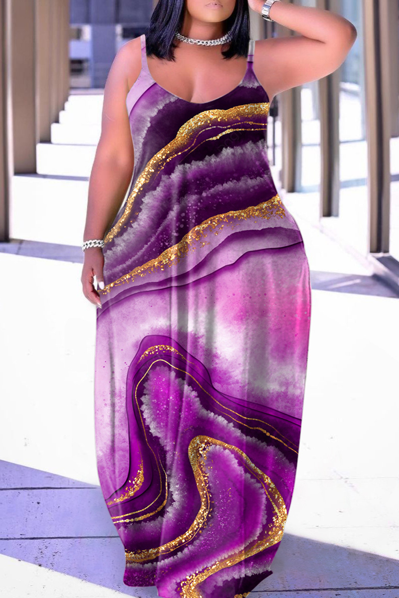 Purple Sexy Casual Print Backless Spaghetti Strap Long Dress Dresses-CuChic