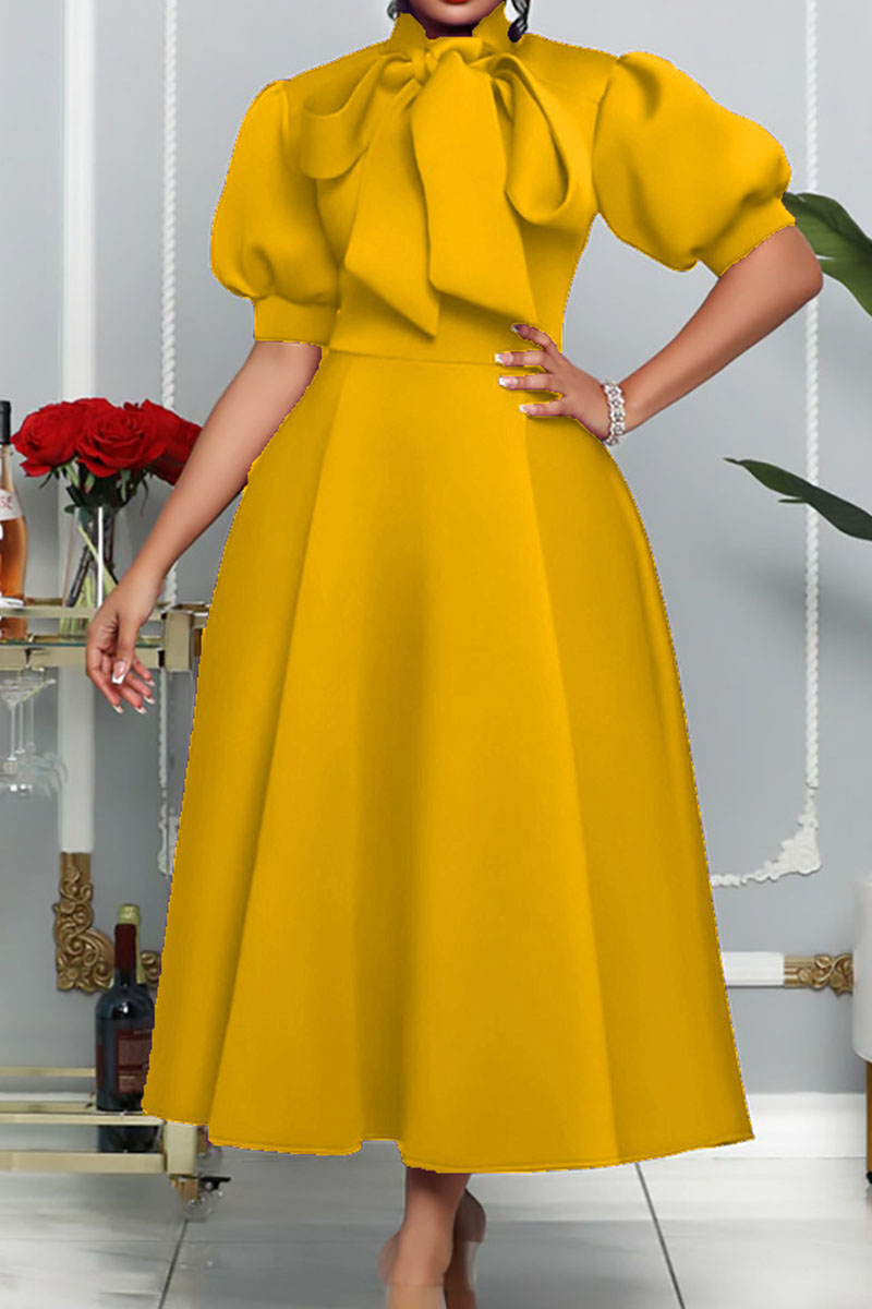 Yellow Elegant Solid Bandage Patchwork O Neck Evening Dress Dresses-CuChic