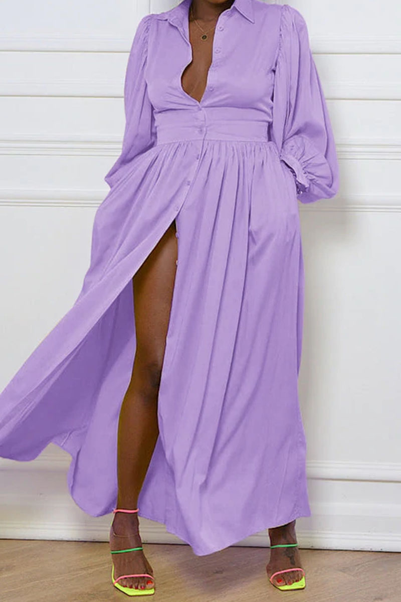 Purple Casual Solid Patchwork Buckle Turndown Collar Shirt Dress Dresses-CuChic