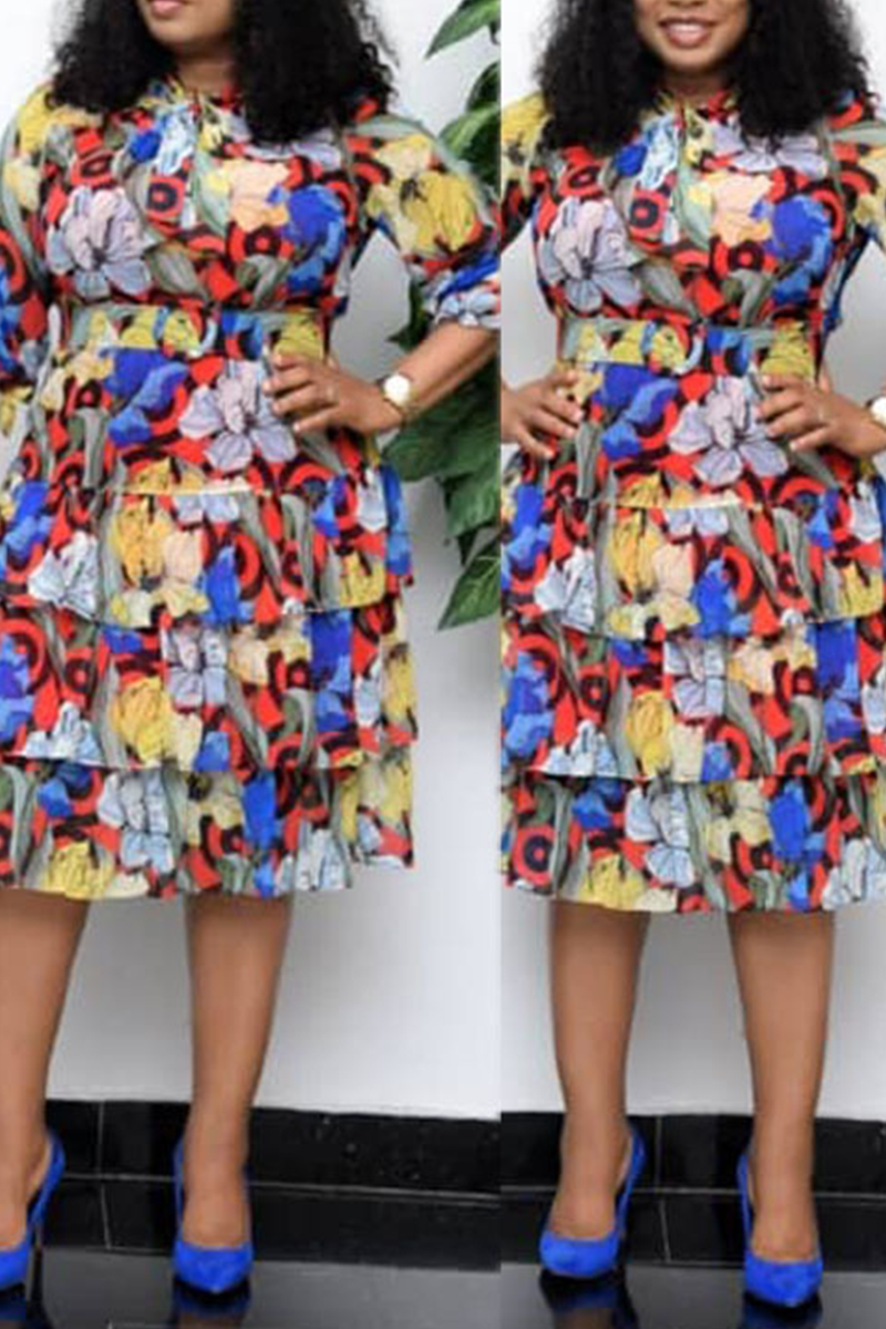 Colour Fashion Print Flounce O Neck Cake Skirt Plus Size Dresses-CuChic