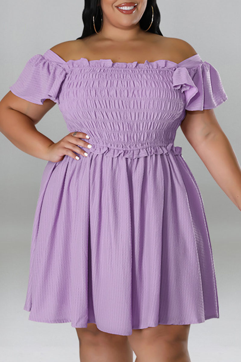 Light Purple Casual Sweet Solid Patchwork Fold Off the Shoulder A Line Plus Size Dresses-CuChic