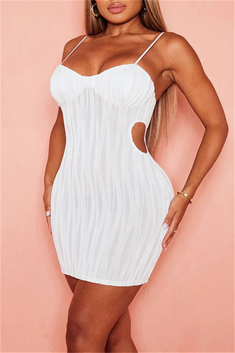 White Fashion Sexy Solid Hollowed Out Backless Spaghetti Strap Sleeveless Dress Dresses-CuChic