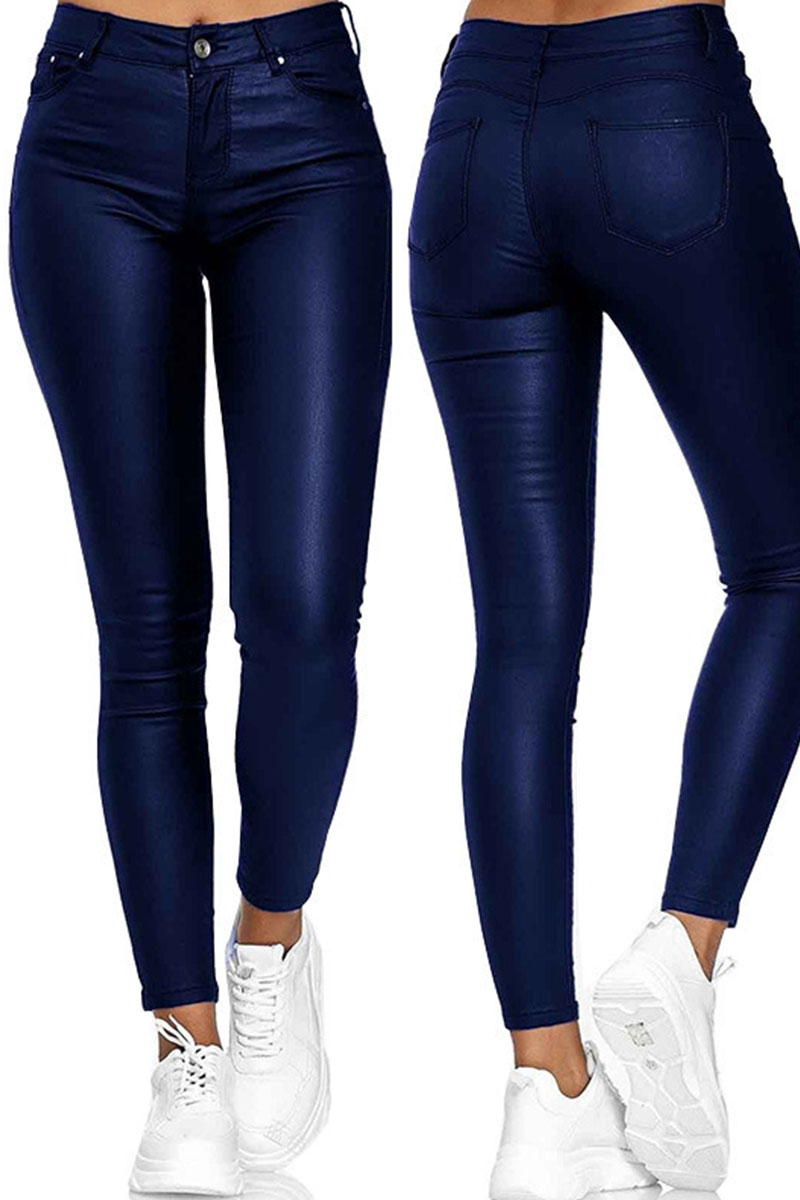 Blue Casual Solid Split Joint High Waist Pencil Solid Color Bottoms-CuChic
