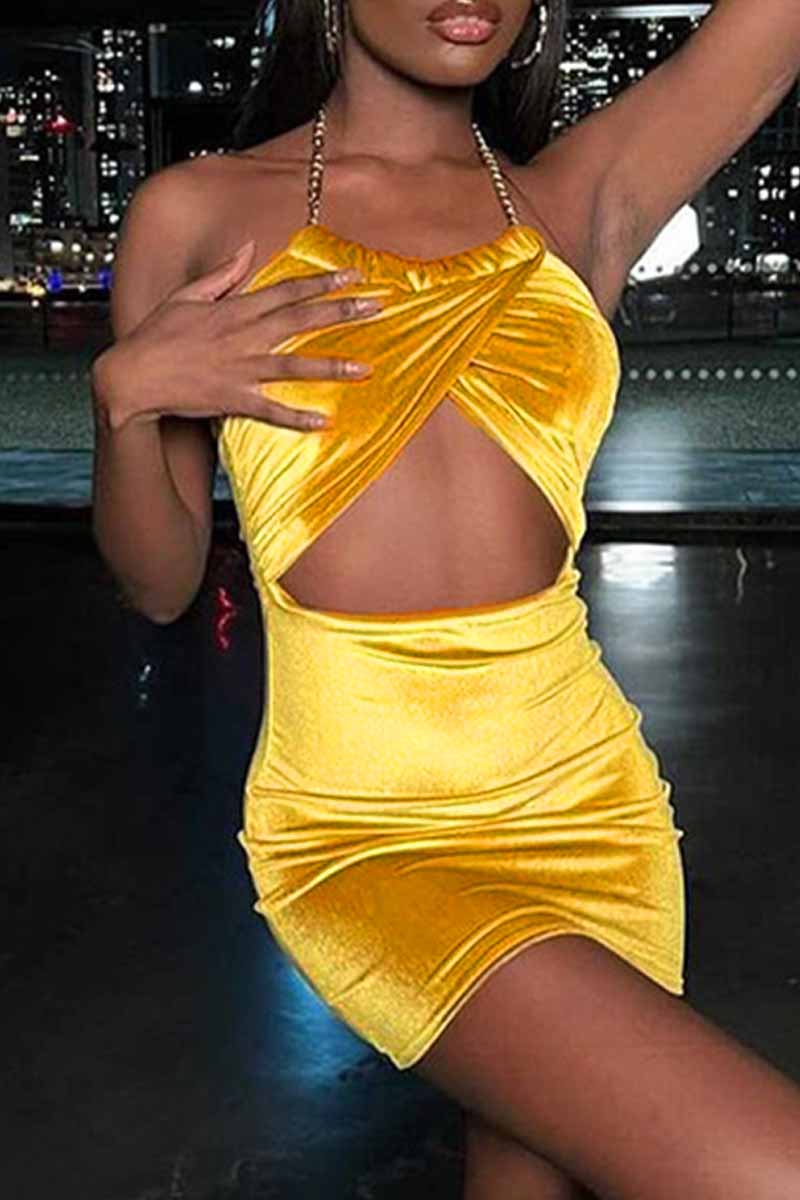 Yellow Fashion Sexy Solid Hollowed Out Backless Halter Sleeveless Dress-CuChic
