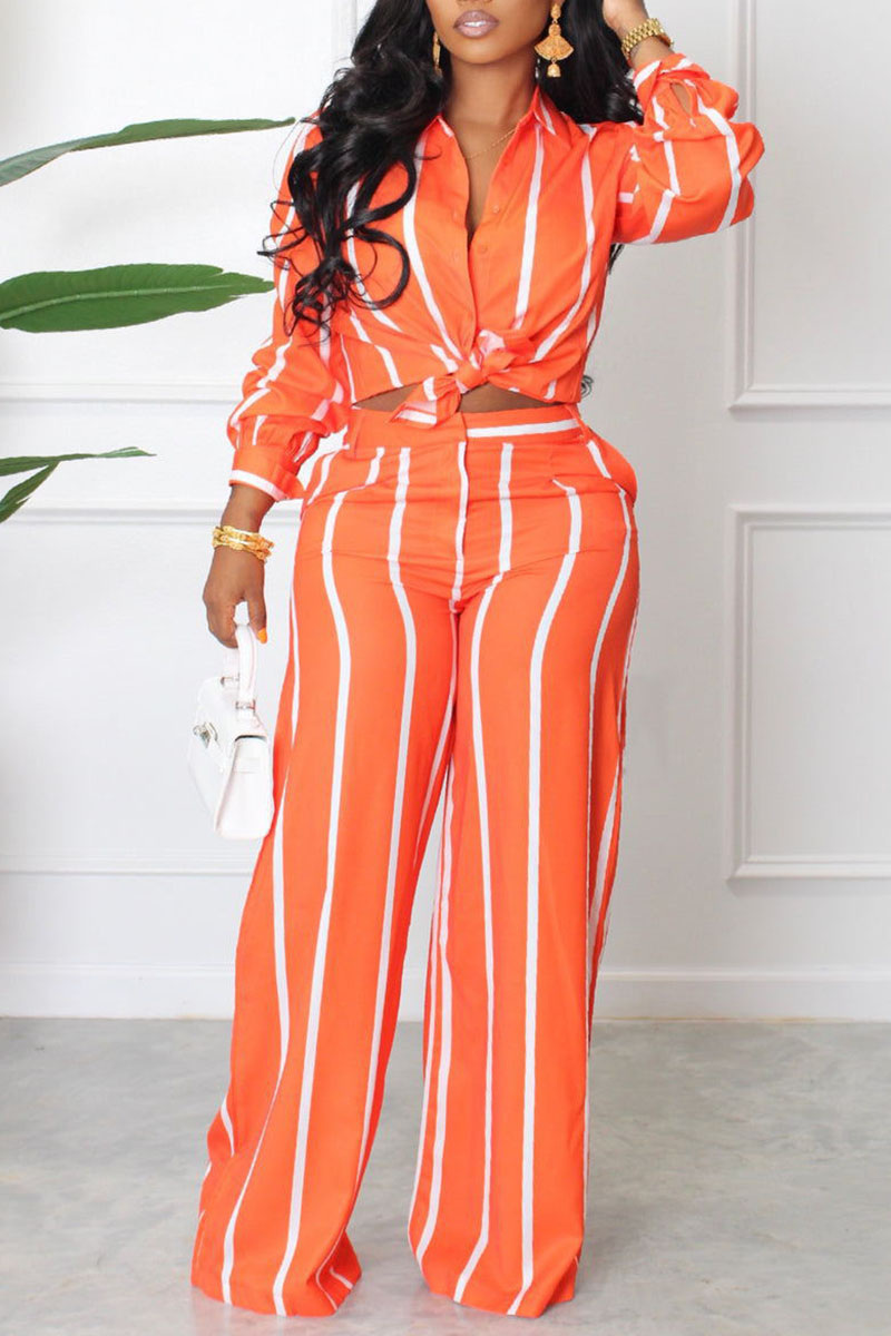 Tangerine Red Casual Striped Print Patchwork Turndown Collar Long Sleeve Two Pieces-CuChic