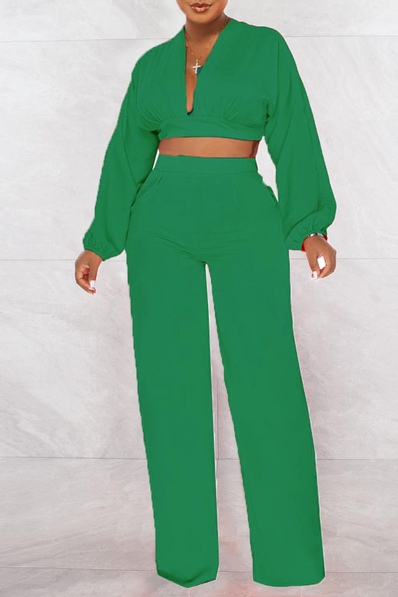 Green Sexy Solid Patchwork Backless V Neck Long Sleeve Two Pieces-CuChic
