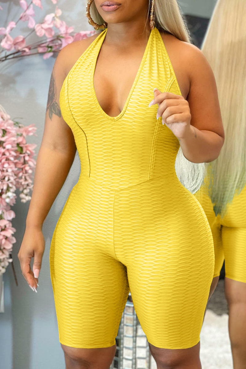 Yellow Sexy Solid Split Joint Backless Halter Regular Jumpsuits-CuChic