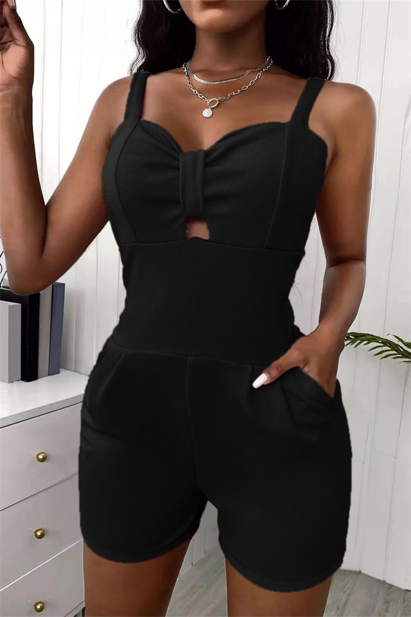 Black Sexy Casual Solid Hollowed Out Backless Spaghetti Strap Skinny Romper-CuChic