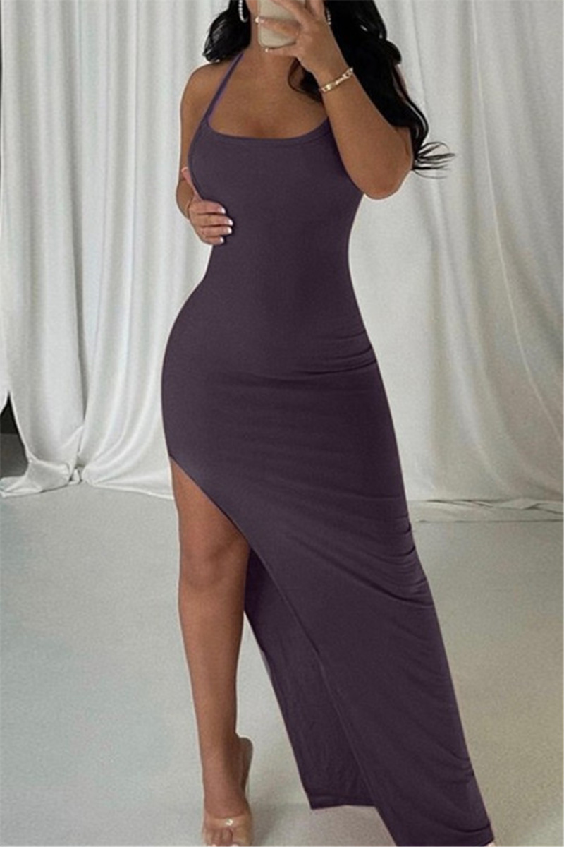 Purple Sexy Casual Solid Backless Slit Spaghetti Strap Long Dress-CuChic