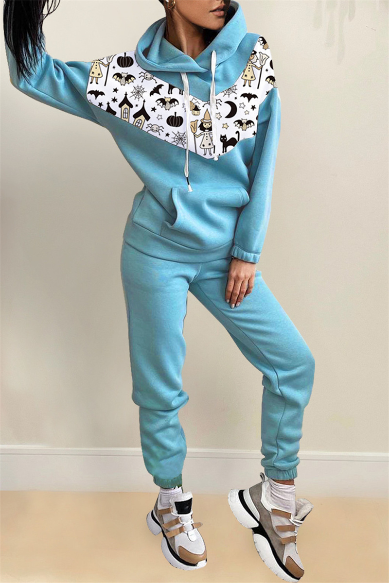 Light Blue Fashion Casual Print Patchwork Hooded Collar Long Sleeve Two Pieces-CuChic