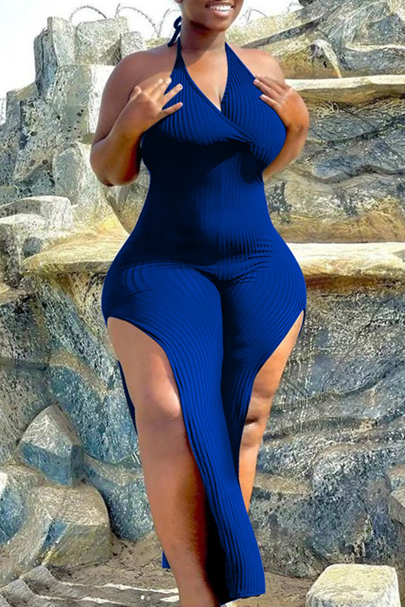 Blue Sexy Casual Solid Bandage Backless Slit Halter Plus Size Jumpsuits-CuChic