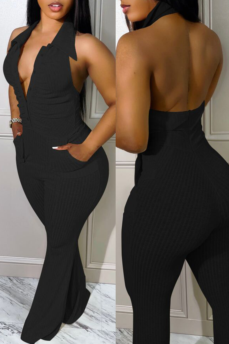 Black Sexy Casual Solid Backless Fold Turndown Collar Skinny Jumpsuits-CuChic