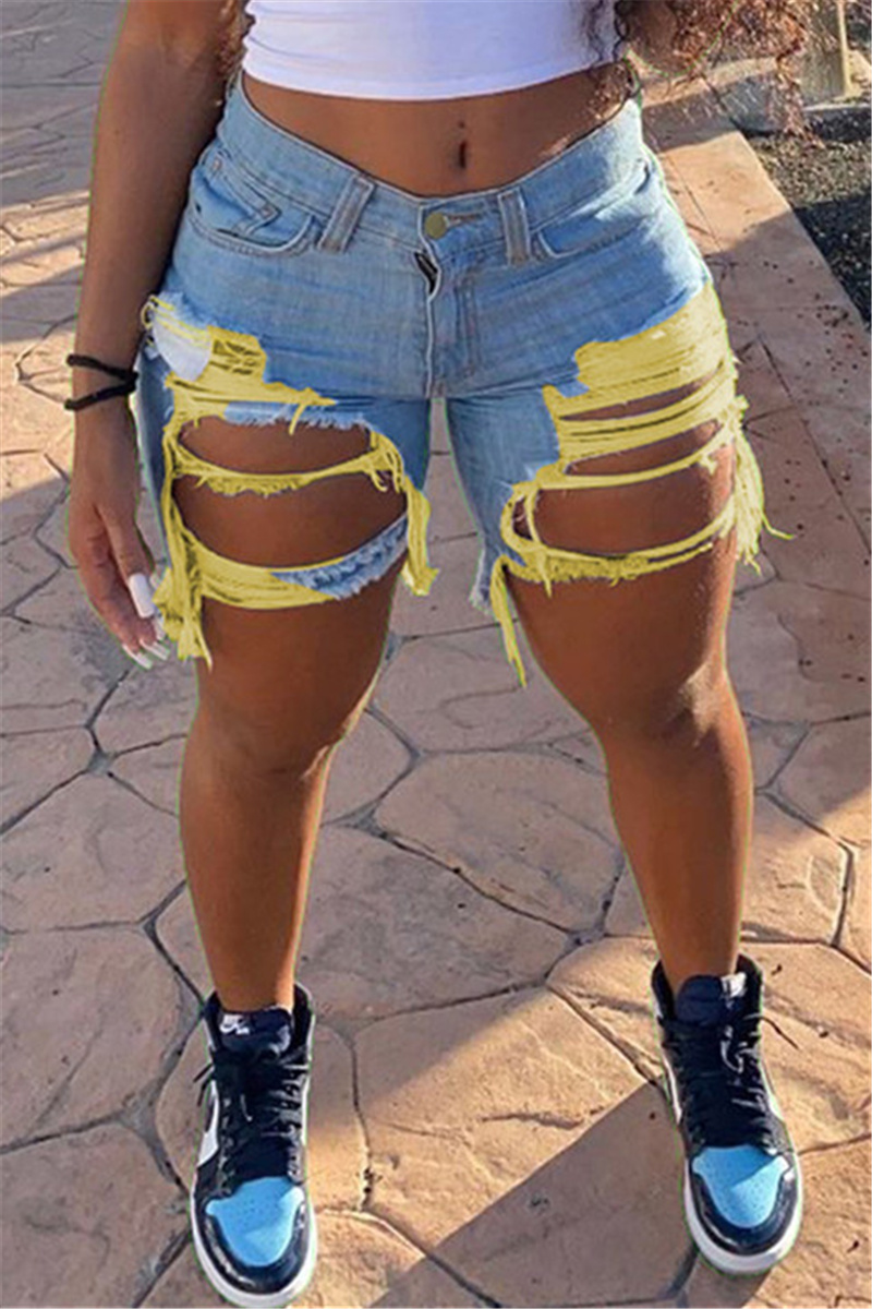 Blue Yellow Fashion Casual Sweet Solid Ripped Split Joint Regular Mid Waist Conventional Solid Color Plus Size Denim Shorts-CuChic