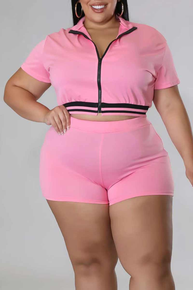 Pink Casual Solid Patchwork Zipper Plus Size Two Pieces-CuChic