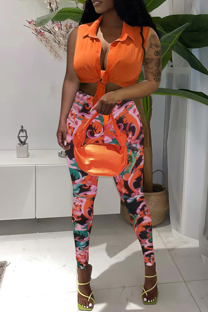 Orange Fashion Casual Print Basic Turndown Collar Sleeveless Two Pieces-CuChic