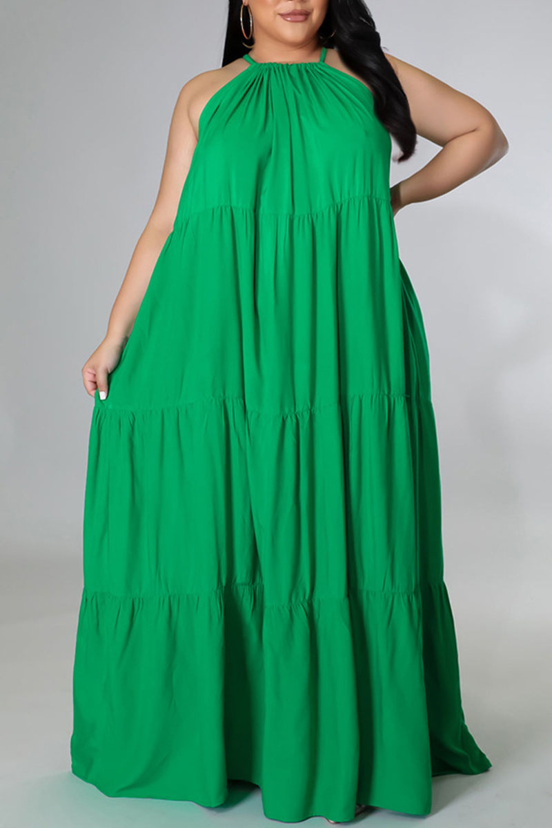 Green Sexy Solid Patchwork Spaghetti Strap Straight Plus Size Dresses-CuChic