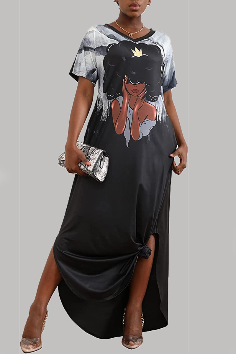 Grey Casual Street Print Patchwork V Neck Straight Dresses-CuChic