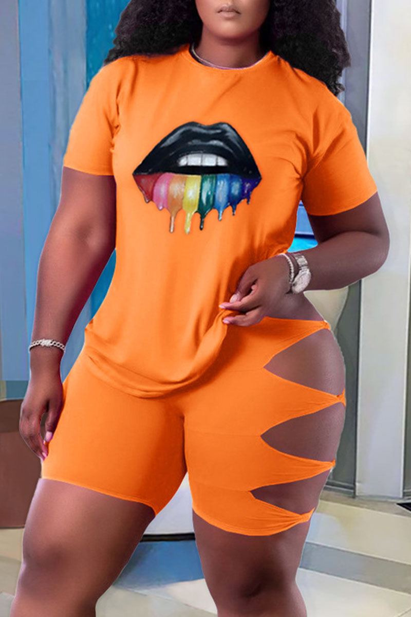 Orange Fashion Casual Lips Printed Ripped Hollowed Out O Neck Plus Size Two Pieces-CuChic