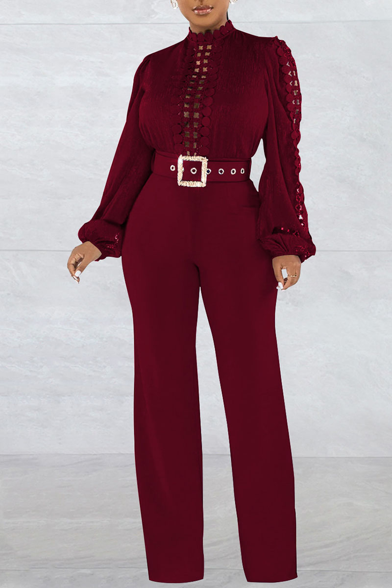 Burgundy Casual Solid Hollowed Out Patchwork With Belt O Neck Straight Jumpsuits(With A Belt)-CuChic