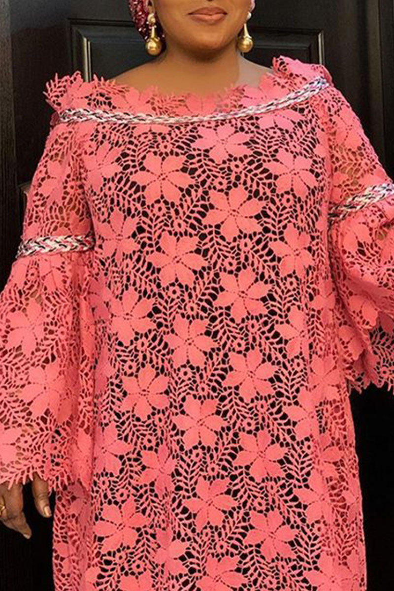 Pink Casual Solid Hollowed Out Split Joint Off the Shoulder Plus Size Dresses-CuChic