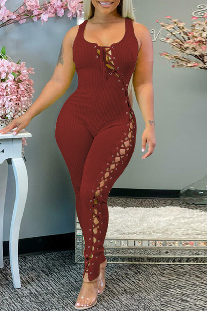 Burgundy Sexy Casual Solid Bandage Hollowed Out U Neck Skinny Jumpsuits-CuChic