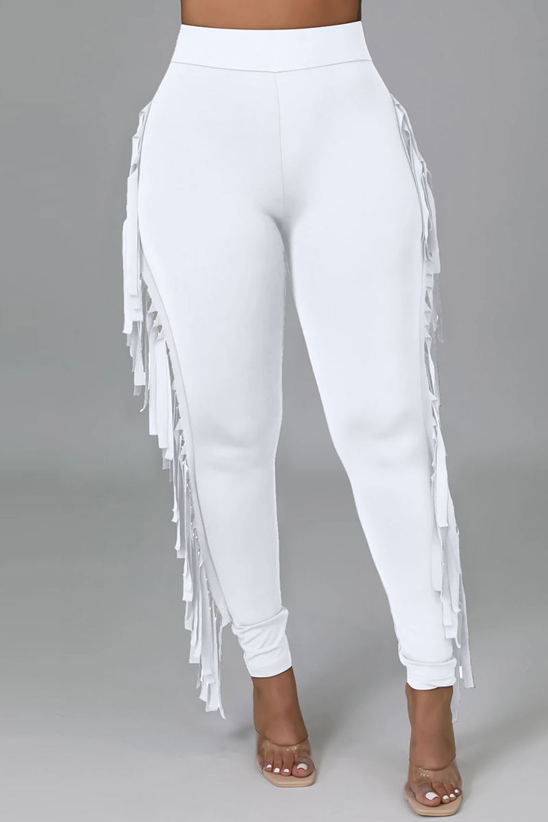 White Fashion Casual Solid Tassel Regular High Waist Pencil Trousers-CuChic