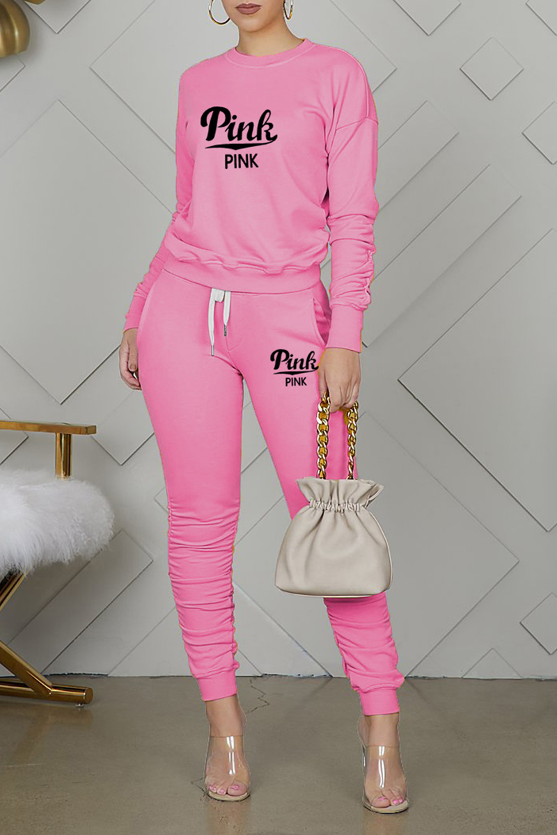 Pink Fashion Print Fold O Neck Long Sleeve Two Pieces-CuChic