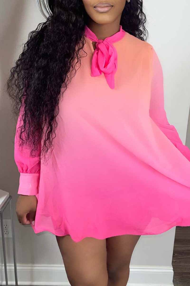 Pink Fashion Casual Gradual Change Print Basic O Neck Long Sleeve Dresses-CuChic